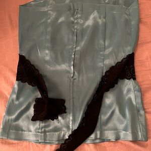 Blue Satin Top with Black Lace Trim